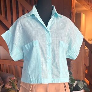 Blue Linen Cropped Button-Up 🌿 Breezy Summer Top | Size M